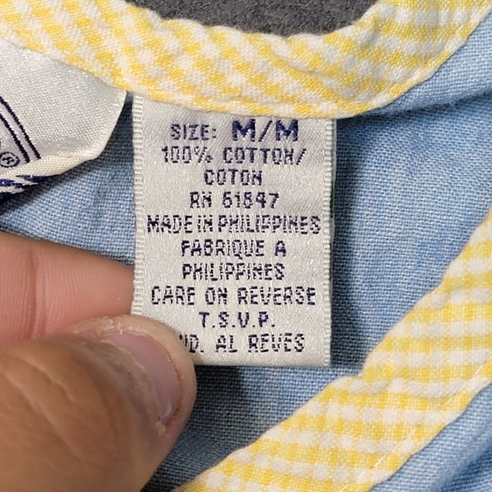 Vintage Eagle's Eye Blue Chambray Dress Yellow Gingham Trim Novelty Button Med - Picture 3 of 6